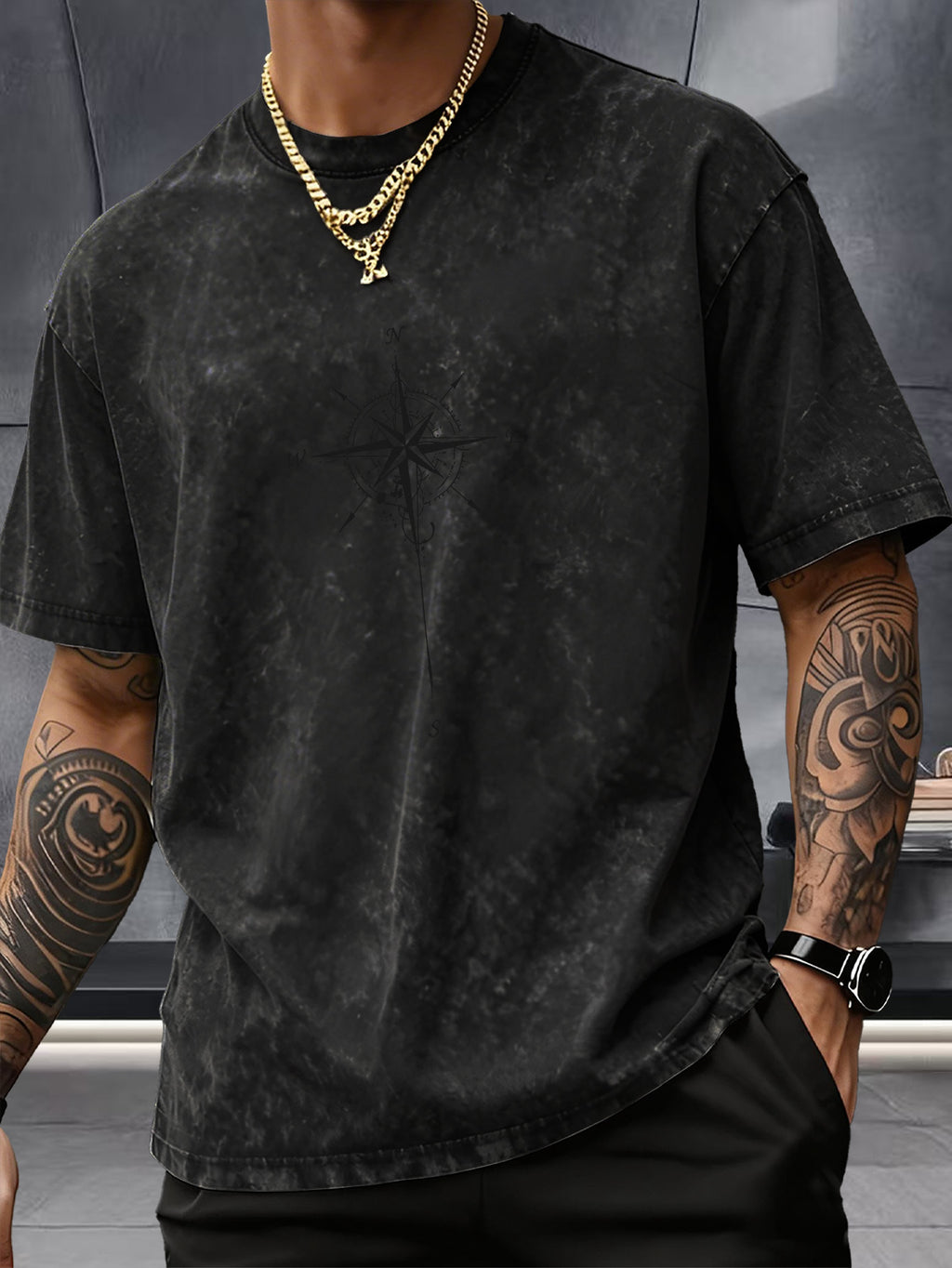 Men's Washed Distressed Pure Cotton Loose Fit Drop Shoulder T-Shirt with Vintage Compass and Anchor Line Graphic Print on Front and Back, Versatile American Streetwear High Street Hip-Hop Style, Couple's Matching Outfit for Streetwear, Daily Outings - Black