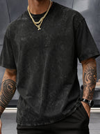 Men's Washed Distressed Pure Cotton Loose Fit Drop Shoulder T-Shirt with Vintage Compass and Anchor Line Graphic Print on Front and Back, Versatile American Streetwear High Street Hip-Hop Style, Couple's Matching Outfit for Streetwear, Daily Outings - Black