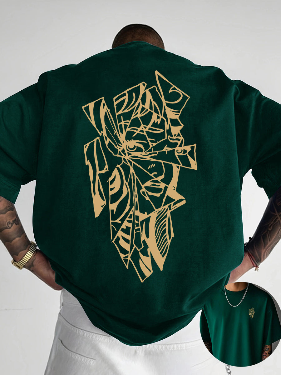 Creative Front and Back Printed Graphic Crew Neck T-shirt, Pure Cotton Summer Trendy Fashion Short Sleeve, Casual Daily Style Top, Essential for Outings and Leisure, an Excellent Gift Choice - Dark Green