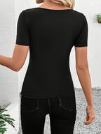 Women's Summer Shell Trim T-Shirt V-Neck Short Sleeve Fitted Sexy Top - Black