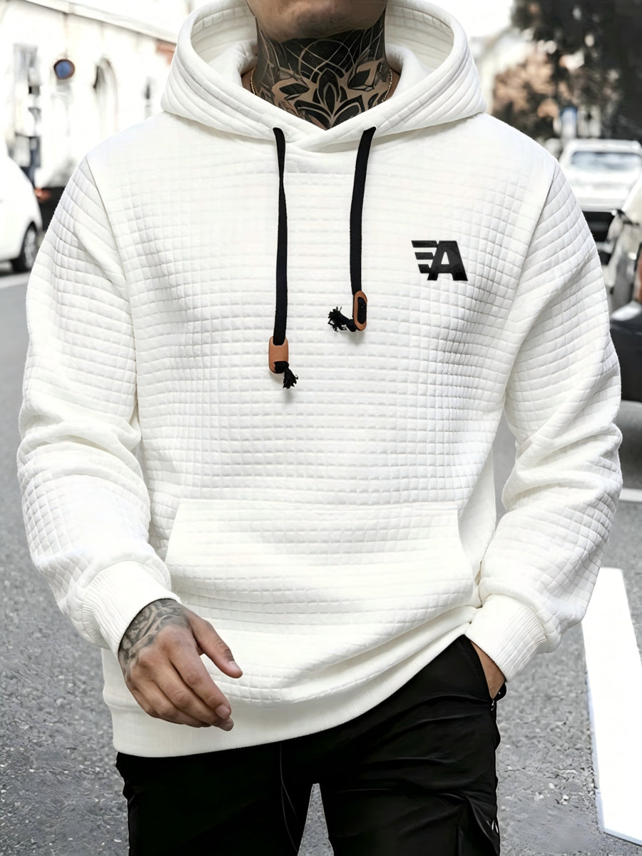 Waffle Pattern Solid Color Hoodie Men Cool Hoodie No Pocket Design Spring Autumn Men Casual Pullover Hooded Sweatshirt Street Trend Style Plus Size - White