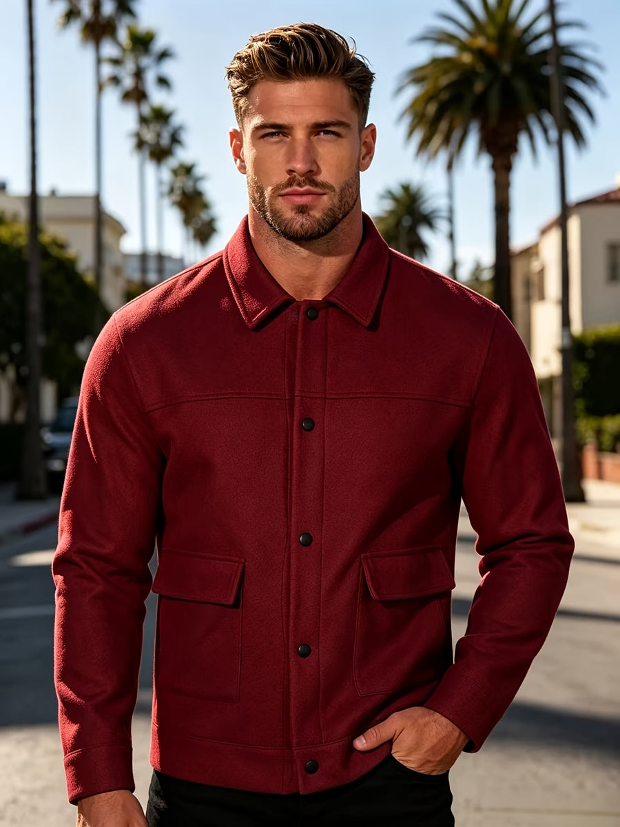 New Men's Solid Color Lapel Jacket, Autumn/Winter Casual Comfortable Outerwear, Versatile Workwear Style Trench Coat for Men - Burgundy