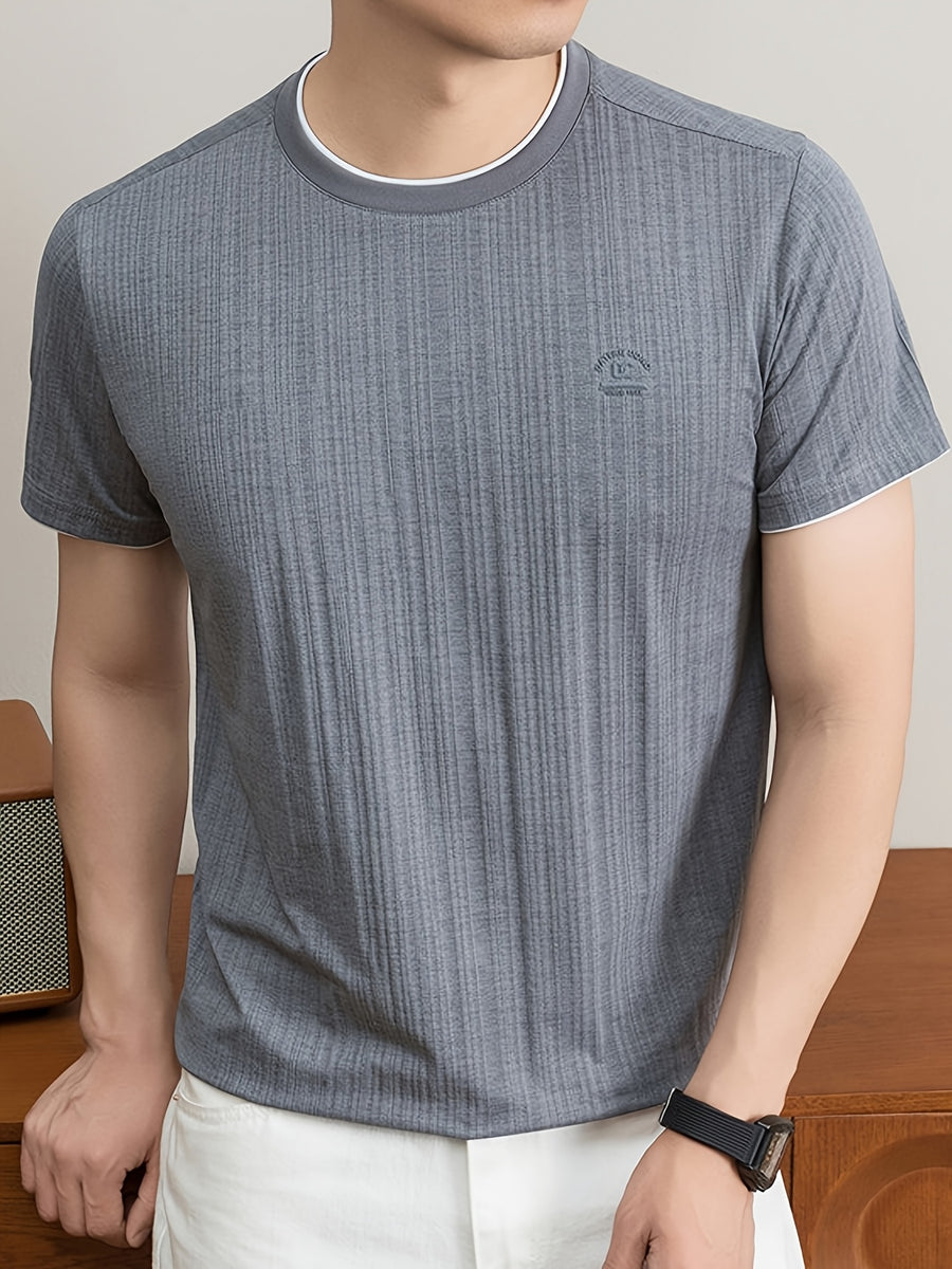 Summer New Men'S T-Shirt, Fashionable Trendy Faux Two-Piece Round Neck Short Sleeve T-Shirt for Men, Business Casual Mid-Age Men'S Solid Color Top, Suitable for Daily Work Scenarios, Men'S Gift - Dark Gray