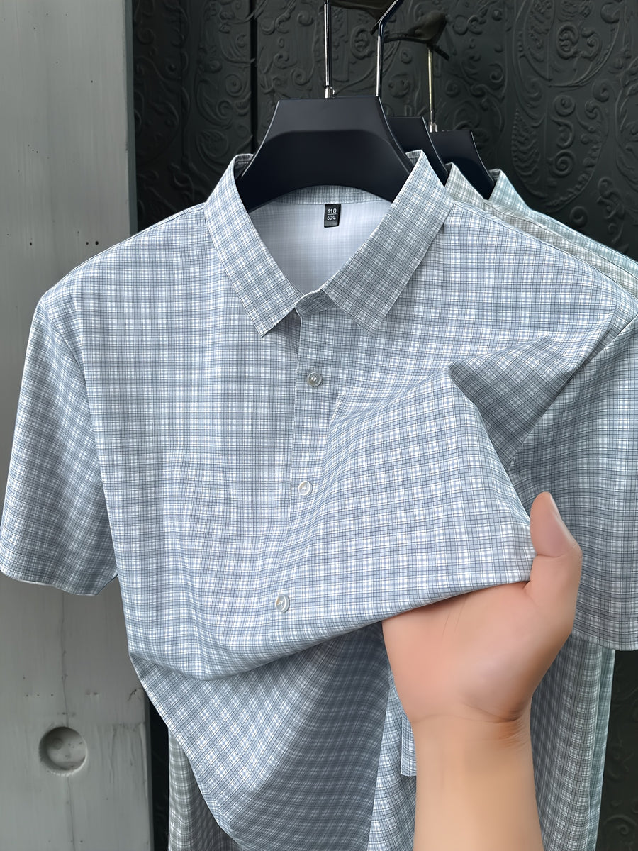 Summer Men's Ice Silky Fiber Fabric Short-Sleeve Shirt, Completely Seamless, Wrinkle-Free, Iron-Free, Business Casual, Cool, Wrinkle-Resistant, High-End and Elegant, Birthday Gift - Light Blue