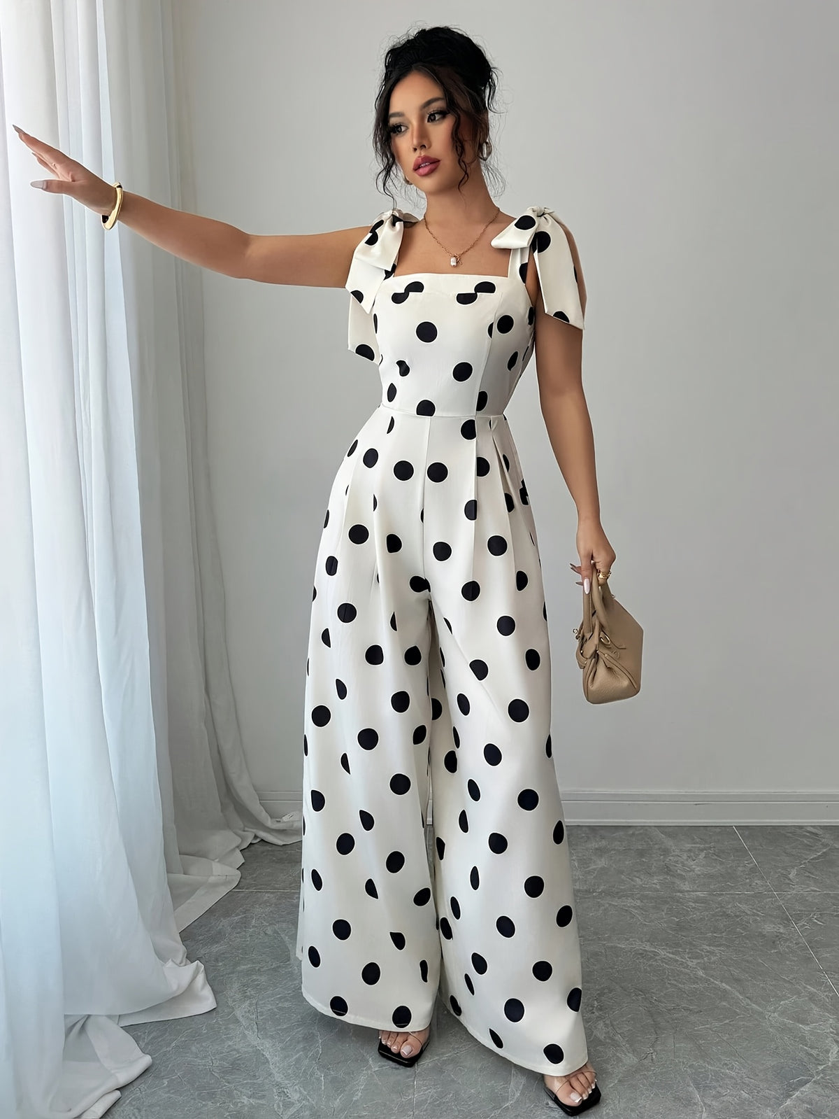 Women'S Elegant Polka Dot Ruffled Tie-Back Off-Shoulder Jumpsuit, Suitable for Music Festivals, Holiday Casual Commute Wear [Niannian] - Mixed colors