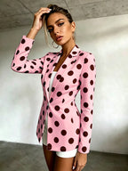 Women's Polka Dot Pattern Button-Up Long Sleeve Blazer, Women's Top, Suitable for Spring, Summer, Autumn, A Must-Have Item for All Seasons, Machine Washable, for Office Commuting and Casual Outings - Pink Color