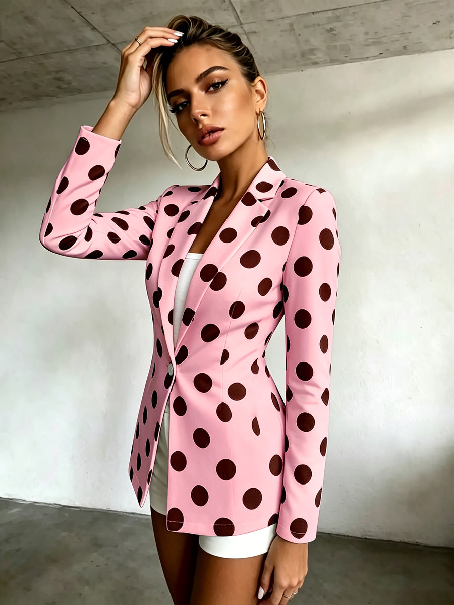 Women's Polka Dot Pattern Button-Up Long Sleeve Blazer, Women's Top, Suitable for Spring, Summer, Autumn, A Must-Have Item for All Seasons, Machine Washable, for Office Commuting and Casual Outings - Pink Color