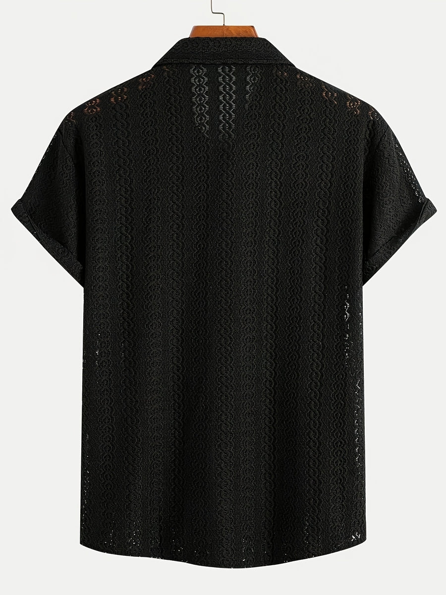 New Men's Solid Color Stretch Knit Openwork Plaid Jacquard Lapel Button- Casual Lightweight Shirt, Suitable for Daily Wear, Street Fashion, Summer, Autumn Menswear - Black
