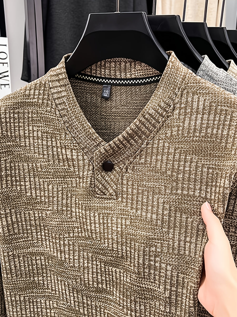 Men's Henley Collar Single-Button Long-Sleeve T-Shirt, Textured Jacquard Knit Top, Spring/Autumn Business Casual Daily Commute Base Layer Shirt - Camel