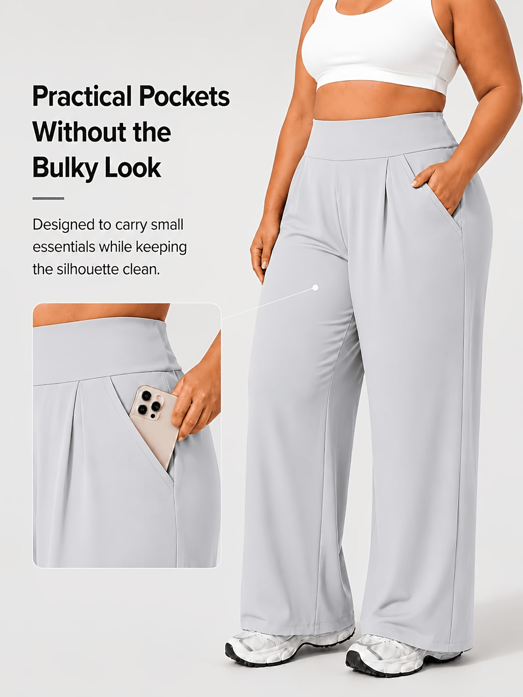 Plus Size Women'S High-Waist Wide-Leg for yoga Pants 0XL-4XL Tummy Control Non-Roll Non-Digging Front Pleated Deep Side Pockets Double-Sided Super Soft 4-Way Stretch Casual Sports Trousers for Yoga Gym Outdoor Work All Seasons - 【Light Grey】