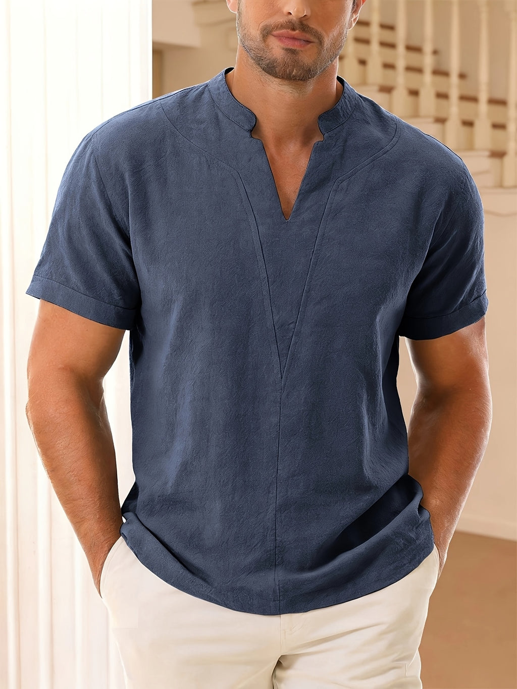 Men's Casual V-Neck Linen Short-Sleeve Shirt, Lightweight and Breathable with a Short-sleeve Design, Suitable for Summer Wear. Features a Loose Fit and Solid Color for Comfort, Ideal for Beach Vacations, Resort Hotel Trips, and Daily Wear - Navy Color