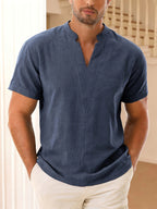 Men's Casual V-Neck Linen Short-Sleeve Shirt, Lightweight and Breathable with a Short-sleeve Design, Suitable for Summer Wear. Features a Loose Fit and Solid Color for Comfort, Ideal for Beach Vacations, Resort Hotel Trips, and Daily Wear - Navy Color