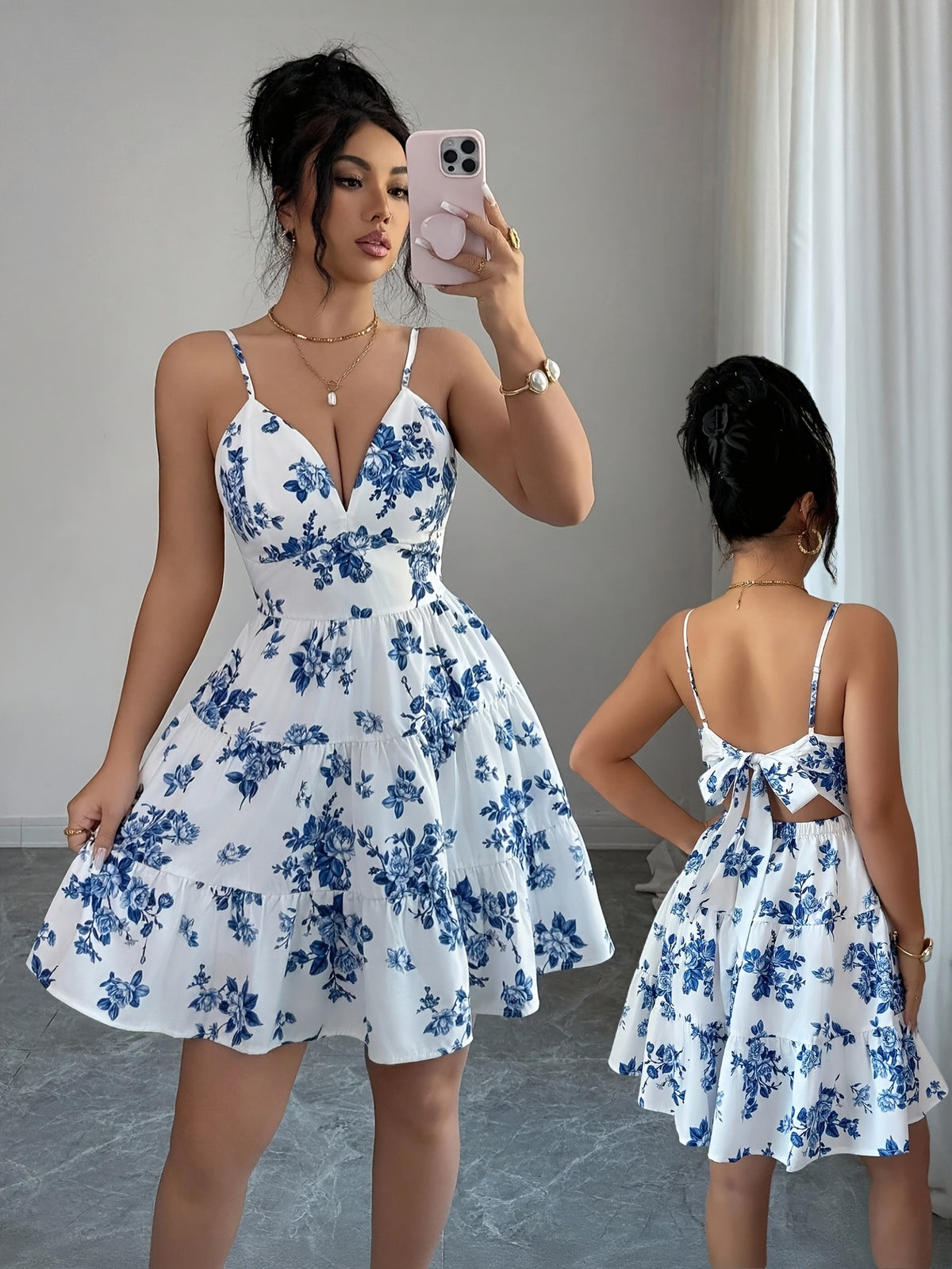 Women'S Summer Casual Floral Print Sexy Backless Tie-Up Long Dress - Mixed colors