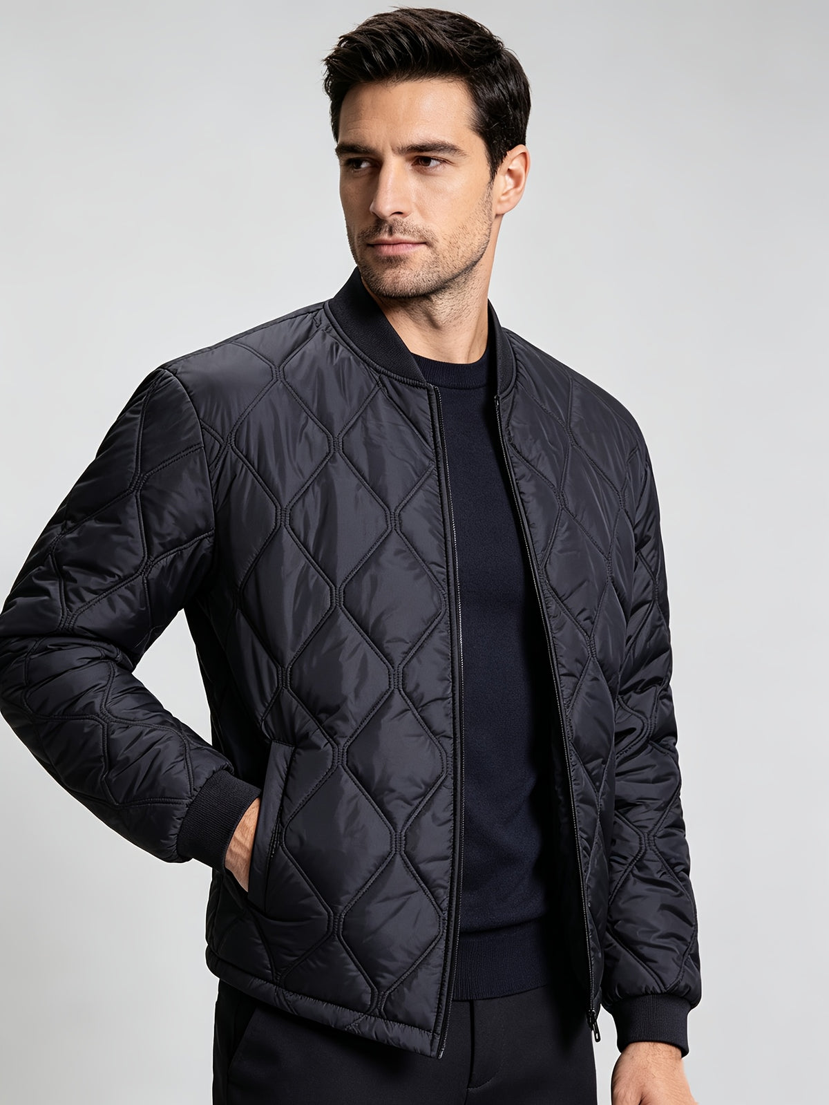 Autumn/Winter Men's Solid Black Diamond-Pattern Stitch Padded Coat, Casual Zipper Baseball Collar Lightweight Padded Outerwear - Navy Color