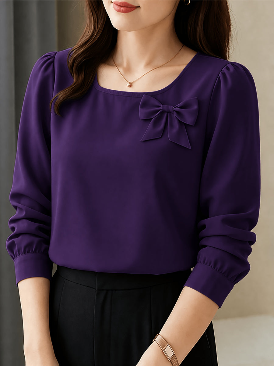 Elegant Casual Long-Sleeve Blouse with Bow and Lantern Sleeves, Solid Color Top ASD1 - Deep Purple