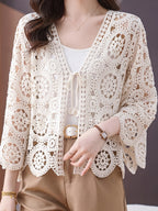 Vintage Crochet Hollow Out Tie 3/4 Sleeve Cardigan for Women, Loose Outerwear for Spring Summer Autumn, Elegant Versatile Cover Up - Apricot