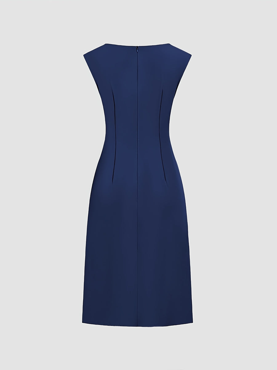 Spring-Summer Pleated Asymmetrical Elegant Design Women's Dress Gown - Navy Color