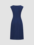 Spring-Summer Pleated Asymmetrical Elegant Design Women's Dress Gown - Navy Color