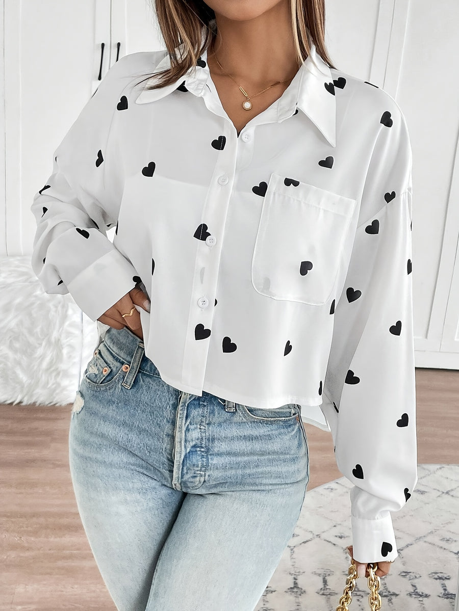 Women's Valentine's Day Heart Print Cropped Long Sleeve Shirt - Elegant Button-Up with Pocket Detail, White Polyester Blend, Perfect for Casual or Date Night Outfits, Valentines Day Gifts - White