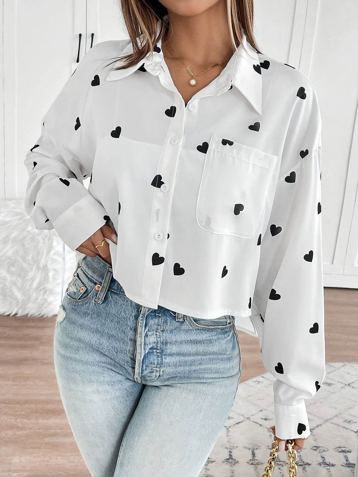 Women's Valentine's Day Heart Print Cropped Long Sleeve Shirt - Elegant Button-Up with Pocket Detail, White Polyester Blend, Perfect for Casual or Date Night Outfits, Valentines Day Gifts - White