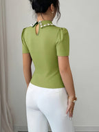 Women'S Fashion Spring/Summer Style Date Socialite Style Neckline Faux Pearl Embellished T-Shirt Slim Fit Puff Sleeve Lapel Short Sleeve Elegant And Short Top - Green