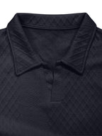 Premium Rhombus Men's Long Sleeve Polo Shirt with Notched Lapel and Small V-Neck Design, a Top for Men's Commuting and Party Wear (Texture Random) - Navy Color