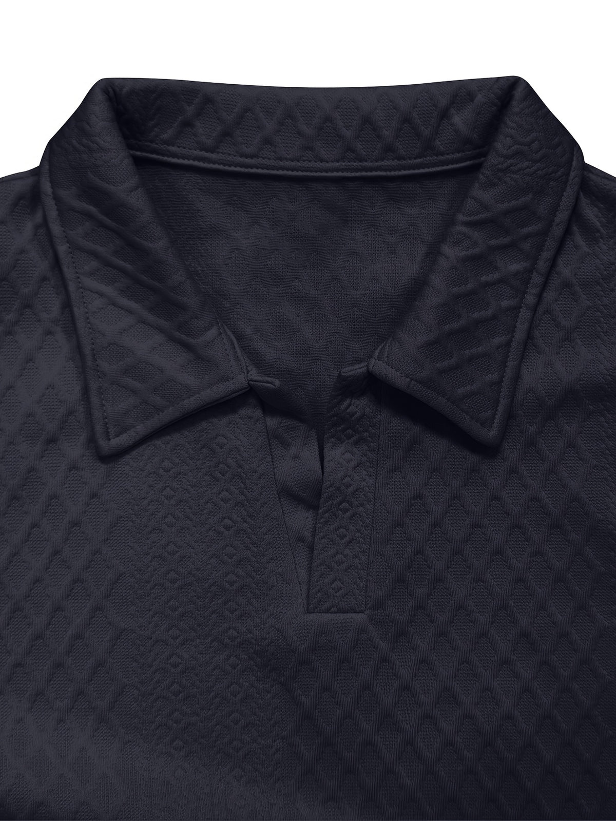 Premium Rhombus Men's Long Sleeve Polo Shirt with Notched Lapel and Small V-Neck Design, a Top for Men's Commuting and Party Wear (Texture Random) - Navy Color