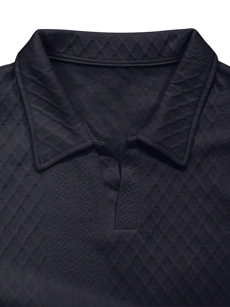 Premium Rhombus Men's Long Sleeve Polo Shirt with Notched Lapel and Small V-Neck Design, a Top for Men's Commuting and Party Wear (Texture Random) - Navy Color