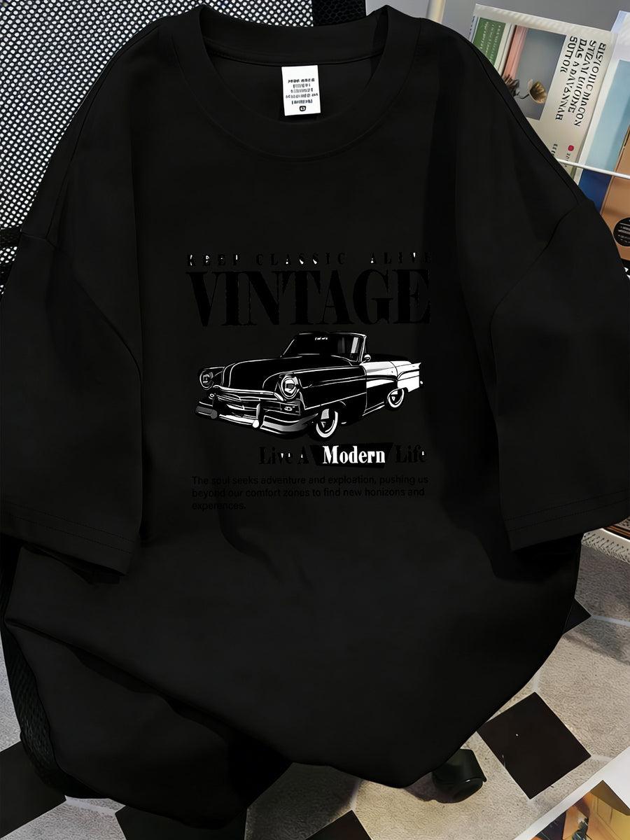 Classic Vintage Car Print T-Shirt, American Street Style Loose Fit Top - Black
