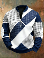 Men'S Autumn Winter Polo Zipper Sweatshirt, Classic Trendy New Half-Zip POLO Sweatshirt, American Retro Geometric Color-Block Print, Polo Stand Collar, Machine Washable, Daily Casual Party Outdoor Essential, Fashionable Long Sleeve Athletic Top - Multicolor 7