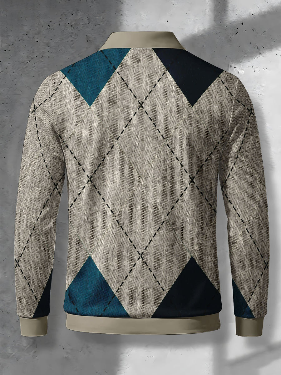 Men's Lapel Half-Zip Polo Shirt, Geometric Vintage Style Casual Polo Top, Suitable for Spring and Autumn Wear, Gift for Boyfriend - Mixed colors