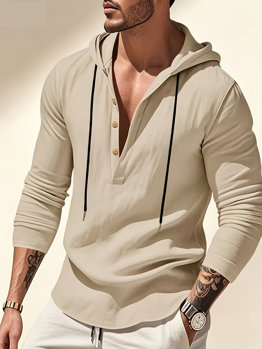 Men'S Linen Hooded Drawstring Henley Shirt Breathable Skin-Friendly Anti-Wrinkle Drape Daily Commute/Outdoor Leisure/Light Exercise Drawstring Hood And Button-Up Placket Loose All-Match Multi-Color Optional - Khaki