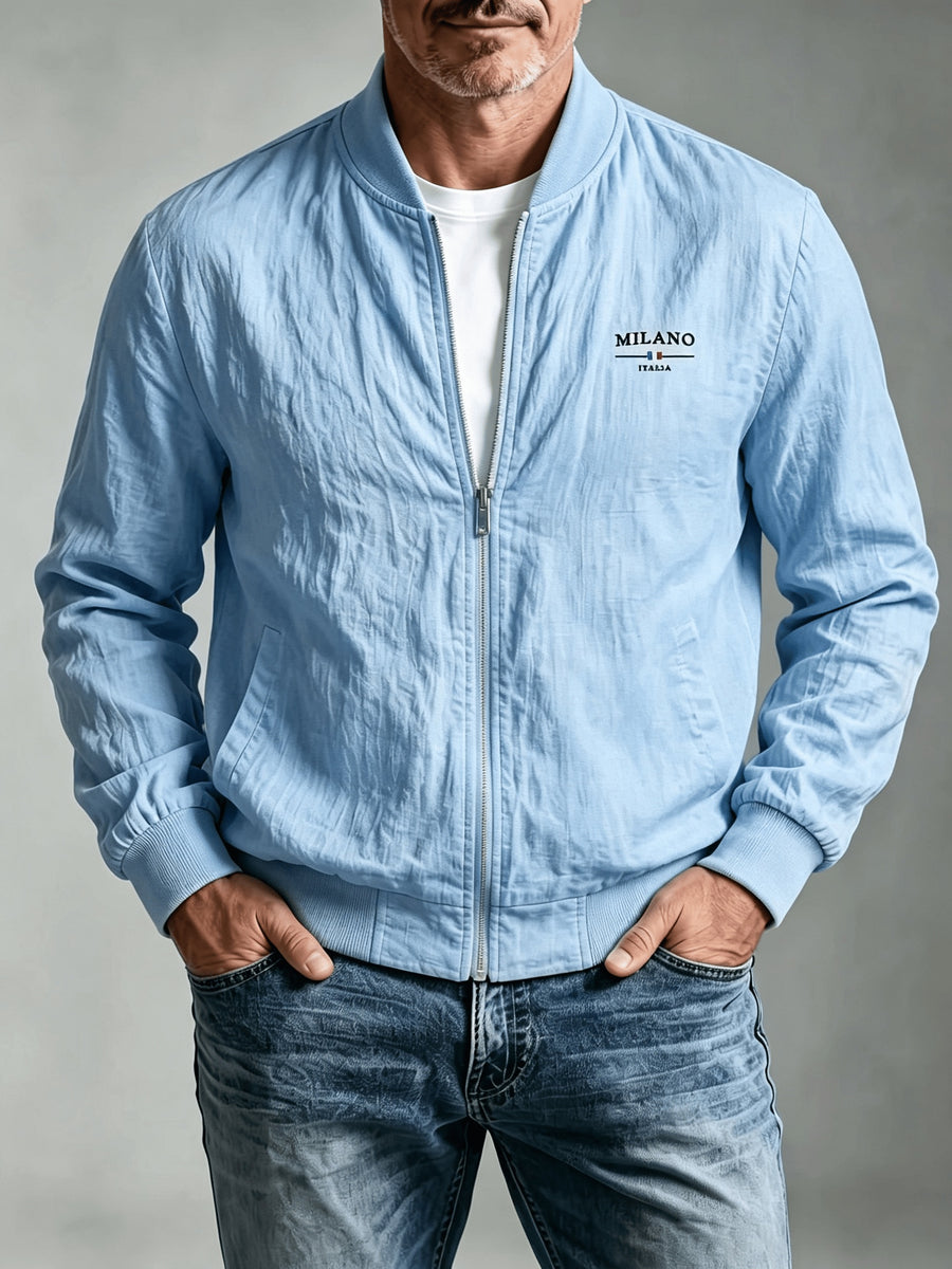 Spring Summer Linen Washed Pleated Baseball Collar Jacket Men'S MILANO Letter Print Thin Breathable Coat Middle-Aged Dad Loose Zipper Cardigan Multi-Color Versatile Commute Casual Outerwear Baseball Uniform Top, Transitional Bomber Jacket - Sky Blue