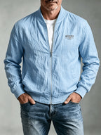 Spring Summer Linen Washed Pleated Baseball Collar Jacket Men'S MILANO Letter Print Thin Breathable Coat Middle-Aged Dad Loose Zipper Cardigan Multi-Color Versatile Commute Casual Outerwear Baseball Uniform Top, Transitional Bomber Jacket - Sky Blue