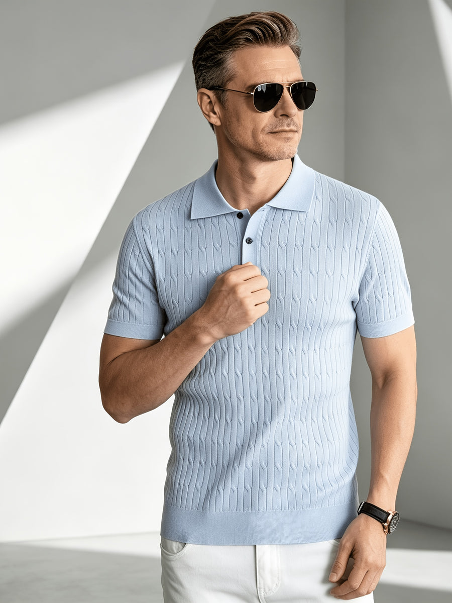 Business-mature Casual Men's Vertical Stripe Twisted Cable Knit Lapel Short-sleeve Polo Shirt, Slim-fit Lightweight Breathable Knit Top, Suitable for Daily, Office, and Weekend Outings in Summer - Sky Blue