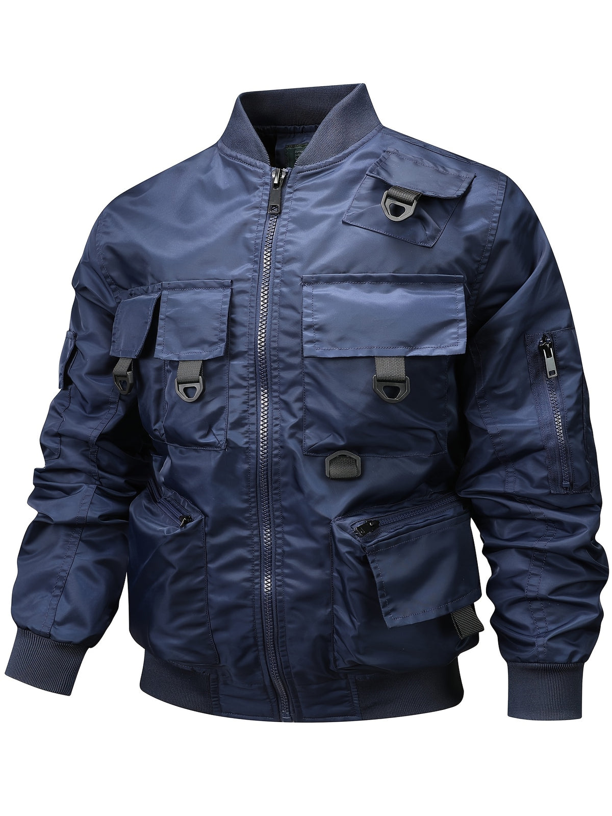 Men's Functional Style Baseball Collar Workwear Jacket, Trendy Multi-Pocket Design, Vintage Pilot Jacket Style, Suitable for Spring and Autumn, Daily Outings, and Outdoor Commuting Workwear Jacket - Navy Color