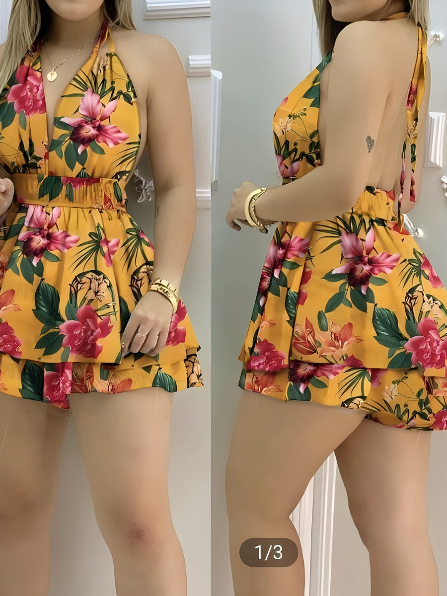 New Spring Summer Elegant Fashion Mini Jumpsuit, High-Waisted Backless with Ties, Perfect for Vacation and Cruise Trips - orange yellow