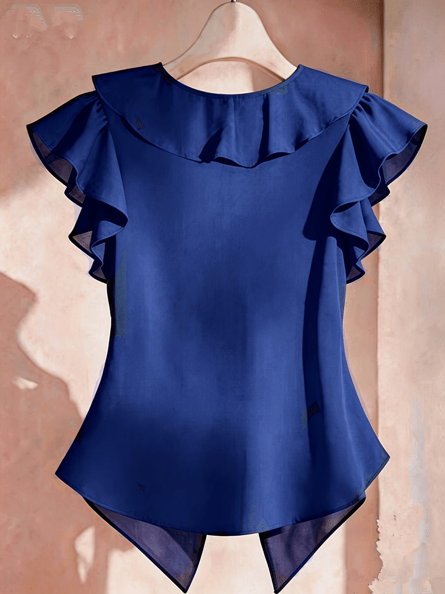 Summer French Solid Ruffled Fly Short Sleeve Shirt Chiffon Top Women'S - Royal Blue