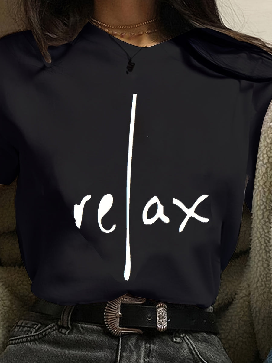 Relax Letter Casual Short Sleeve T-Shirt for Women - Black