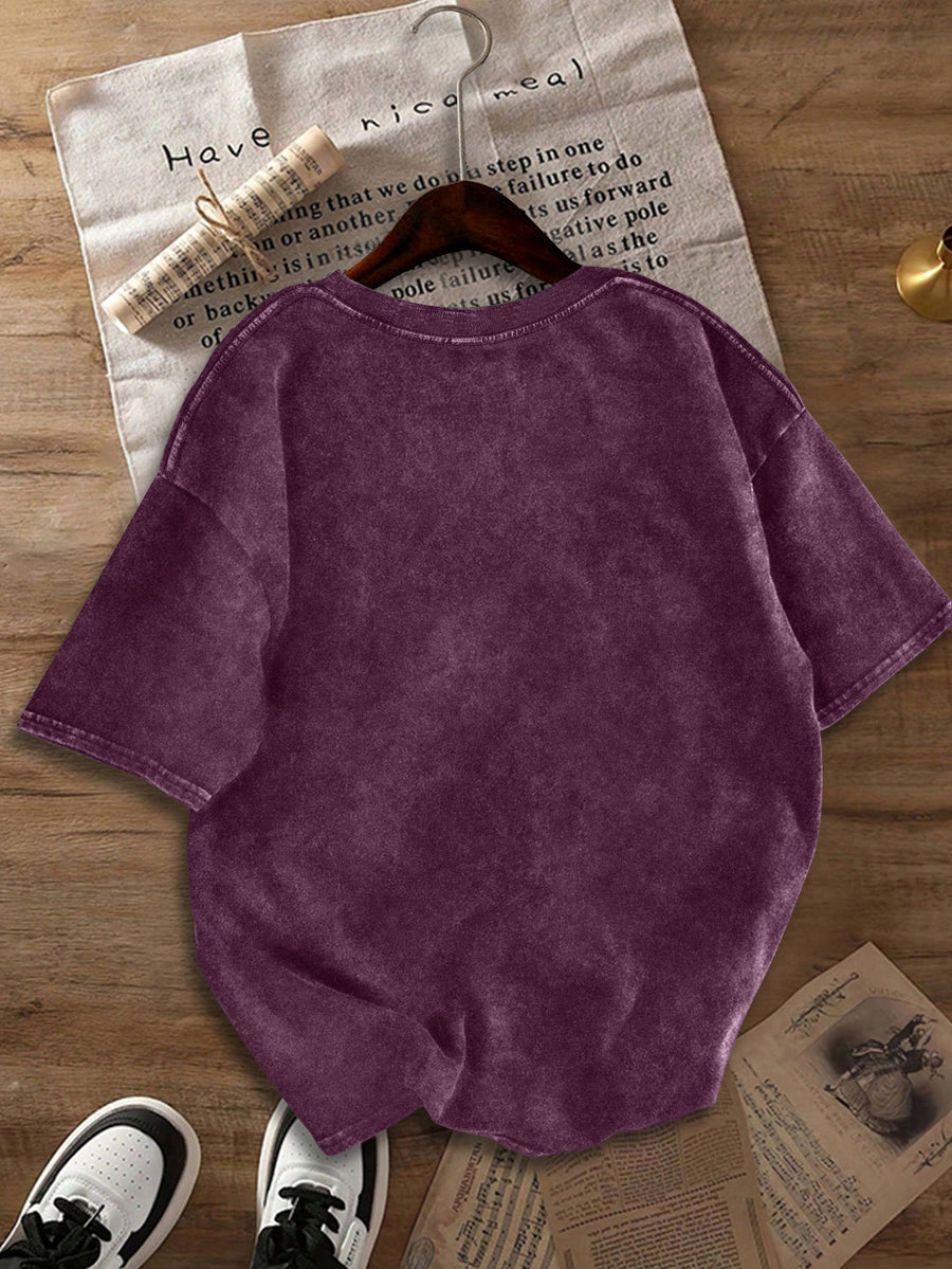 Women's Retro-style Drop-shoulder Loose-fitting Solid Color Pure Washed T-shirt, Fashionable and Casual Short-sleeved Top, Suitable for Everyday Casual Wear, Street Style. - Anchor Red