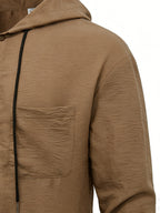 Men's Hooded Long-sleeve Shirt with a Unique Drawstring Hood Design, Breathable Fabric, and a Loose, Comfortable Fit, a Simple and Versatile Top for Casual Attire - Brown