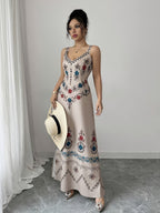Women'S V-Neck Spaghetti Strap Floral Print Tie-Waist A-Line Dress, Spring/Summer Style - Multicolor