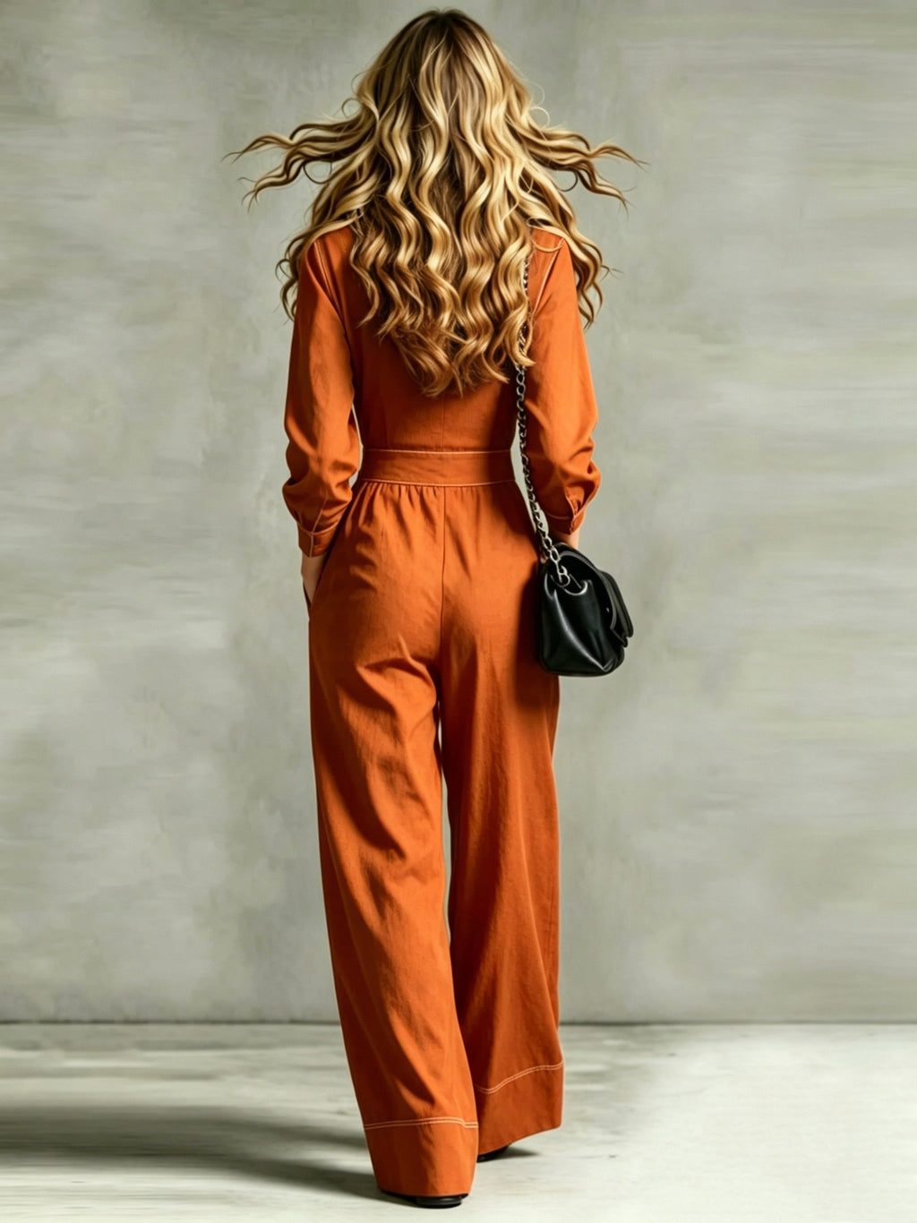 2026 Stand-Up Collar Waist-Cinching Jumpsuit Women'S Contrast Stitching Wide-Leg Cargo Casual Long Trousers - Orange-Red
