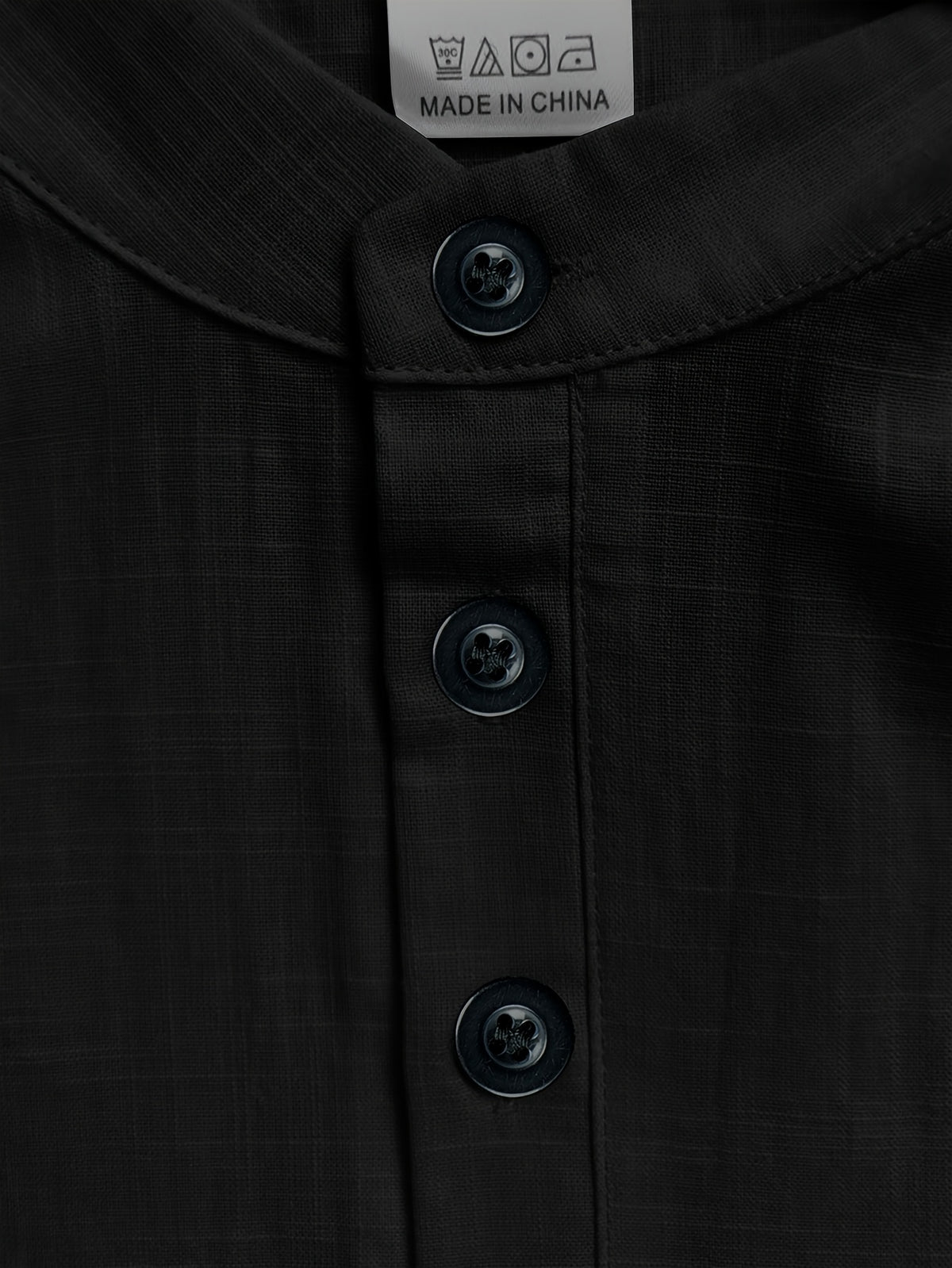 Men's Casual Solid Color 100% Cotton Short Sleeve Summer Button-Up Shirt, Round Neck Breathable Sweat-Absorbent Pure Cotton Pocket Print 100g Lightweight Shirt - Black