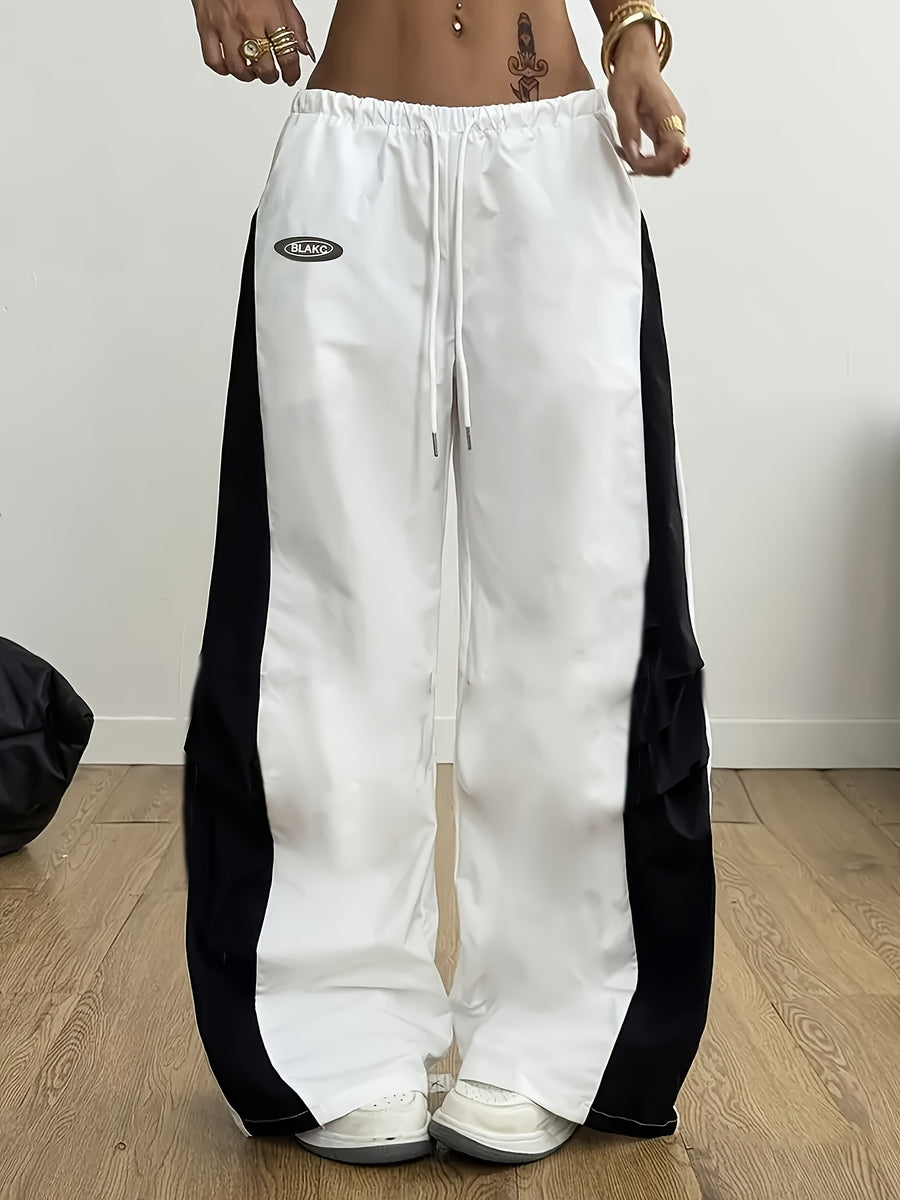 Women's Elastic Waist Wide-Leg Harem Pants - Black and White Contrast Casual Pants, Loose Fit, Machine Washable, All-Season Comfort, Durable Fabric, American Street Style Contrast Drawstring Versatile Wide-Leg Trousers - White