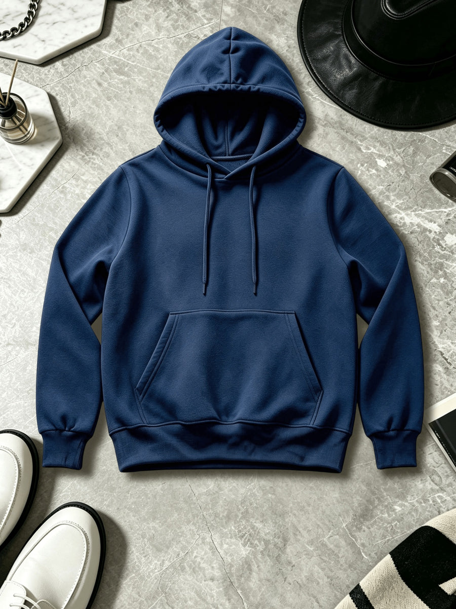 Solid Color Men'S Athletic Hooded Sweatshirt - Regular Fit with Front Kangaroo Pocket, Machine Washable, Casual And Sporty Style, Comfortable for Daily Wear - Casual Long Sleeve with Hood - Navy Color