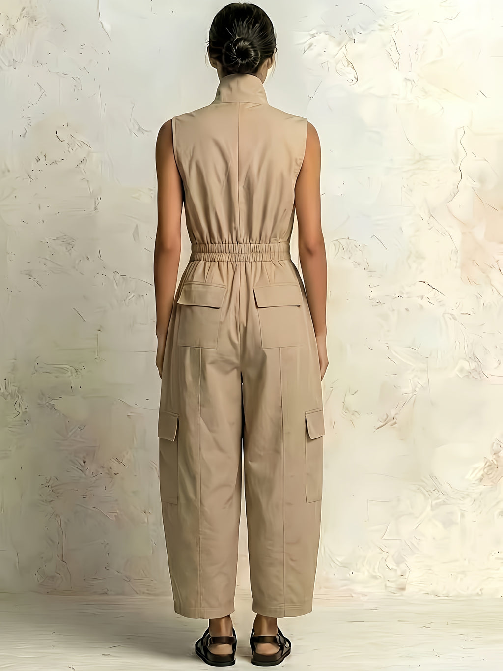 Women's Casual Workwear Style Light Khaki Stand-Up Collar Zippered Waist-Tie Multi-Pocket Design Sleeveless Jumpsuit for Spring/Summer, Suitable for Daily Wear, Vacation, and Travel, Simple, Comfortable, and Versatile for  Styling - Khaki