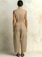 Women's Casual Workwear Style Light Khaki Stand-Up Collar Zippered Waist-Tie Multi-Pocket Design Sleeveless Jumpsuit for Spring/Summer, Suitable for Daily Wear, Vacation, and Travel, Simple, Comfortable, and Versatile for  Styling - Khaki