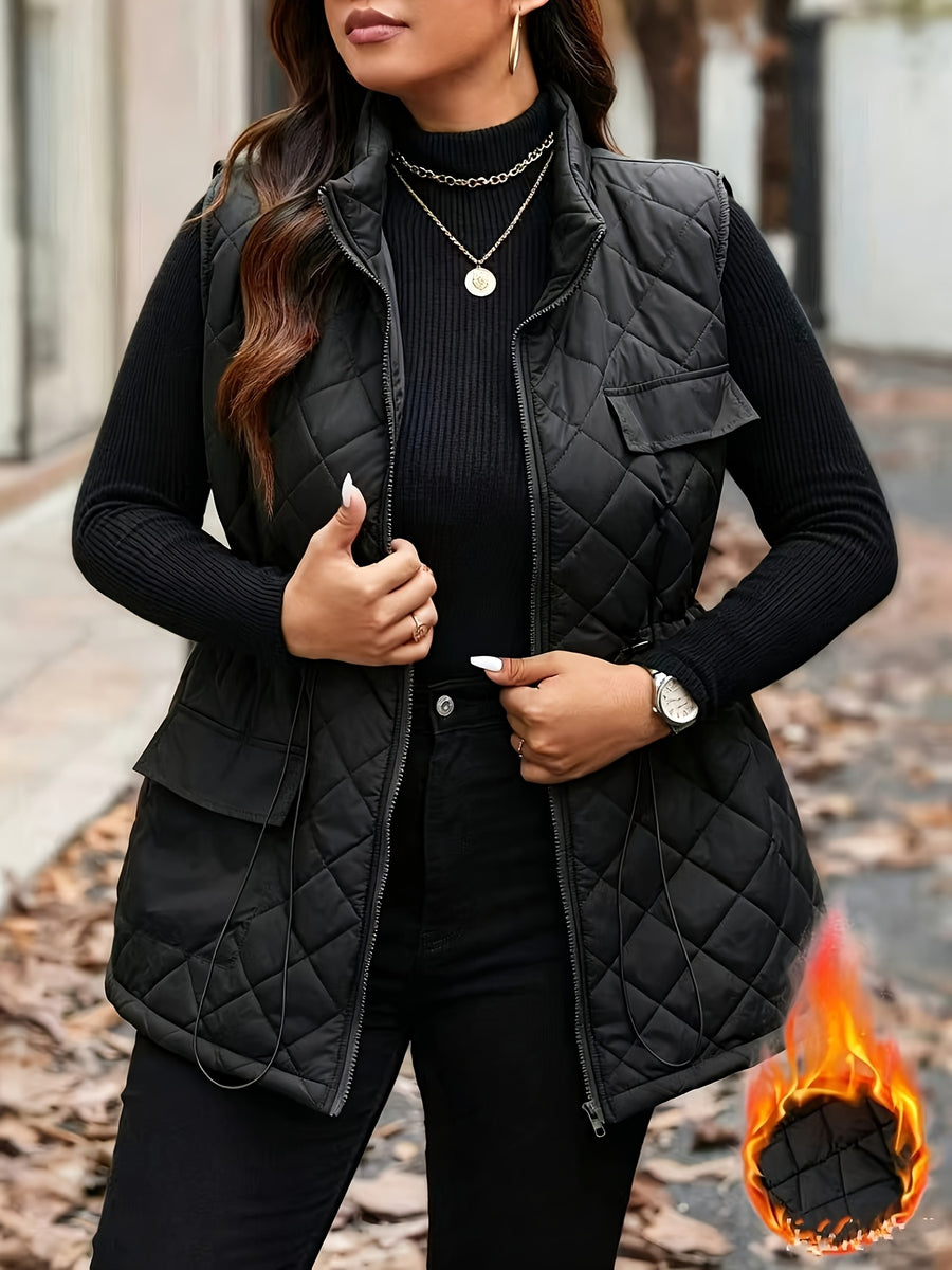 ASD1 Autumn Winter Diamond Quilted Vest Women'S Waist Cincher Drawstring Stand Collar Sleeveless Camisole Thick Warm Casual Outerwear, Western Style New Stand Collar Quilted Vest Women'S Drawstring Waist Pocket Warm Sleeveless Jacket Versatile Top - Black