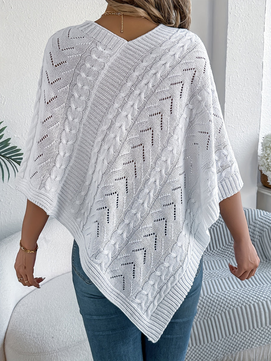 Elegant Solid Color V-Neck Cable Cape Sweater for Autumn And Winter Leisure - White